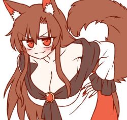 1girl :3 animal_ear_fluff animal_ears blush breasts brown_hair cleavage closed_mouth cowboy_shot dress hand_on_own_hip imaizumi_kagerou ketsumaimo large_breasts leaning_forward long_hair long_sleeves looking_at_viewer lowres off-shoulder_dress off_shoulder red_brooch red_eyes red_nails simple_background smile solo tail touhou v-shaped_eyebrows very_long_hair white_background white_dress wolf_ears wolf_girl wolf_tail