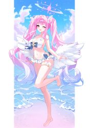Rule 34 | 1girl, angel wings, bare shoulders, beach, bikini, blue archive, blue bow, blue sky, blush, bow, breasts, caustics, cleavage, cloud, cloudy sky, collarbone, commentary, cross, dalmyang, day, feathered wings, flower, frilled bikini, frills, full body, hair flower, hair ornament, hair ribbon, hair scrunchie, halo, highres, large breasts, long hair, looking at viewer, low wings, mika (blue archive), navel, ocean, one eye closed, open mouth, outdoors, pink flower, pink hair, pink halo, pink scrunchie, ribbon, sand, scrunchie, signature, sky, smile, solo, stomach, swimsuit, thigh strap, thighs, twintails, white bikini, white ribbon, white wings, wings, yellow eyes