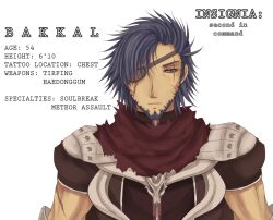 1boy armor assassin_cross_(ragnarok_online) beard black_shirt blue_hair character_name closed_mouth commentary english_commentary english_text expressionless eyepatch facial_hair looking_at_viewer male_focus pauldrons ragnarok_online red_scarf rinslette scar scar_across_eye scar_on_face scarf shirt short_hair short_sleeves shoulder_armor simple_background solo torn_clothes torn_scarf upper_body white_background