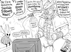 Rule 34 | 2023, absurdres, bb (baalbuddy), bloodborne, copyright request, cosplay, cover, dvd case, dvd cover, english text, glasses, gordon freeman, greyscale, half-life, half-life (series), half-life 2, half-life 3, highres, hollow knight, hornet (hollow knight), hunter (bloodborne), hunter (bloodborne) (cosplay), monochrome, nasal cannula, sitting, speech bubble, television