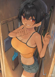 1girl armpit_crease bare_arms bare_shoulders black_hair breasts broom buttons camisole cleavage collarbone commentary_request crop_top denim denim_shorts dustpan finger_to_mouth gaki_kyonyuu grey_shorts grin hair_between_eyes hair_tie hands_up highres kaedeko_(kaedelic) large_breasts looking_at_viewer mesugaki midriff navel one-piece_tan oppai_loli pocket red_eyes sasaki_kanna short_shorts short_twintails shorts shushing signature smile solo spaghetti_strap standing tan tanline torn_clothes torn_shorts twintails yellow_camisole