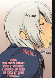 1girl angel_(kof) blue_eyes deepthroat english_text erection fellatio female_focus greco_roman_(spiral_brain) highres jacket leather open_mouth oral penis short_hair spiral_brain the_king_of_fighters wet white_hair