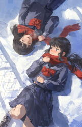 Rule 34 | 2girls, absurdres, black hair, black shoes, blue eyes, blue sailor collar, blue serafuku, blue shirt, blue skirt, blush, bow, bowtie, breath, chinese commentary, closed mouth, commentary request, day, double-parted bangs, footprints, from above, hair spread out, hand on own stomach, hand up, highres, leg up, long hair, lying, medium hair, meinoss, multiple girls, nose blush, on back, on ground, open mouth, original, outdoors, pleated skirt, red bow, red bowtie, red scarf, sailor collar, scarf, school uniform, serafuku, shadow, shirt, shoes, skirt, snow, socks, steam, sunlight, white socks, winter, yuri