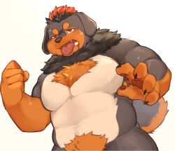 1boy animal_ears bara bare_pectorals belly biceps black_fur brown_fur chinese_commentary claws commentary_request dog_boy dog_ears dog_nose dog_tail floppy_ears furry furry_male heavy_breathing injury kamitani_ookami looking_to_the_side male_focus multicolored_fur open_mouth pawpads pectorals red_hair sweat sweatdrop tail tayangsuyi_(xxl) tongue tongue_out topless_male very_sweaty white_background xxl_woofia