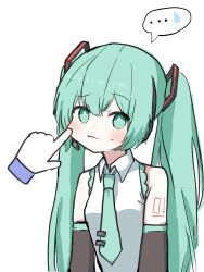 ... 1girl arm_tattoo blush cheek_pinching commentary detached_sleeves disembodied_hand green_eyes green_hair green_necktie hair_ornament hatsune_miku headset highres long_hair necktie number_tattoo pinching shirt sleeveless sleeveless_shirt solo_focus speech_bubble sweatdrop tattoo teardrop twintails upper_body uranium10 vocaloid
