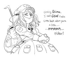 1girl backpack bad_id bag bb_(baalbuddy) commentary cosplay crowbar english_commentary english_text greyscale highres inactive_account kawashiro_nitori link:_the_faces_of_evil monochrome morshu morshu_(cosplay) nintendo short_hair sketch smile solo the_legend_of_zelda the_legend_of_zelda_(cd-i) touhou two_side_up