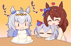 3girls :d :i ^_^ animal_ears steamed_bun blue_bow blue_shirt blush_stickers bow braid brown_hair brown_shirt chibi closed_eyes closed_mouth ear_bow eating food gomashio_(goma_feet) grey_hair hair_between_eyes heart holding holding_food horse_ears long_hair multiple_girls oguri_cap_(umamusume) open_mouth orange_background polka_dot polka_dot_background shirt smile super_creek_(umamusume) tamamo_cross_(umamusume) translation_request umamusume very_long_hair |_|