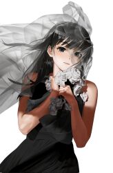 Rule 34 | 1girl, bare arms, bare shoulders, black dress, black eyes, black hair, closed mouth, commentary typo, dress, expressionless, floating clothes, floating hair, floating veil, flower, grey veil, hands up, highres, long hair, looking at viewer, o0hiruko0o, osaragi (sakamoto days), rose, sakamoto days, see-through clothes, see-through veil, shade, simple background, solo, straight hair, upper body, veil, w arms, white background, white flower, white rose, wind