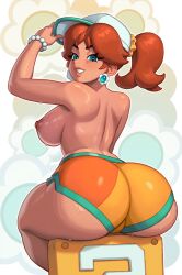 1girl alternate_hairstyle ass ass_focus back blue_eyes bracelet breasts brown_hair cameltoe curvy dolphin_shorts earrings flower_earrings from_behind grin hair_ornament hair_scrunchie hat huge_ass jewelry large_breasts lips long_hair looking_at_viewer looking_back mario_(series) medium_hair nintendo nipples nude_filter official_alternate_costume orange_shorts ponytail princess_daisy riz scrunchie short_shorts shorts side_ponytail sitting smile solo sweat thick_thighs thighs third-party_edit trefoil visor_cap wide_hips yellow_shorts