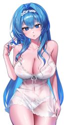 Rule 34 | 1girl, :o, absurdres, babydoll, blue eyes, blue hair, breasts, collarbone, cowboy shot, goddess of victory: nikke, hair between eyes, hair intakes, hairband, helm (nikke), helm (post-shower moment) (nikke), highres, jik oxox, large breasts, lingerie, long hair, looking at viewer, panties, see-through clothes, solo, standing, tucking hair, twirling hair, twitter username, underwear, very long hair, white babydoll, white panties