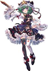 1girl absurdres adapted_costume armpits asymmetrical_legwear black_boots black_bra black_panties black_ribbon black_skirt blue_dress blue_eyes blue_hat boots bra cloud_print crossed_bandaids dress floral_print flower footwear_ribbon frilled_hat frilled_skirt frills full_body game_cg green_hair hat highres holding injury juliet_sleeves kumio lace lace-trimmed_legwear lace-trimmed_sleeves lace-trimmed_thighhighs lace_trim long_sleeves medium_hair mismatched_legwear multicolored_ribbon non-web_source panties puffy_sleeves red_ribbon ribbon rod_of_remorse shiki_eiki shirt skirt solo spider_lily spider_lily_print tachi-e teardrop text_print thighhighs torn_boots torn_clothes torn_dress torn_footwear torn_ribbon torn_shirt torn_skirt torn_thighhighs touhou touhou_blooming_chaos underwear white_ribbon white_shirt white_sleeves white_thighhighs wide_sleeves zettai_ryouiki