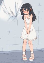 Rule 34 | 1girl, absurdres, between legs, black hair, blush, bright pupils, brown eyes, closed mouth, collarbone, commentary request, dress, embarrassed, flat chest, hand between legs, have to pee, highres, large variant set, long hair, multiple views, original, rune (dualhart), sandals, standing, toes, variant set, white dress, white pupils, white sandals