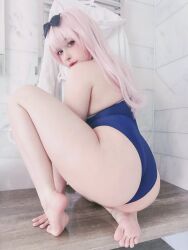 Rule 34 | 1girl, armpits, arms behind head, ass, ass focus, bathroom, blue eyes, breasts, cleavage, cosplay, cosplay photo, from behind, fujiwara chika, fujiwara chika (cosplay), highres, kaguya-sama wa kokurasetai ~tensai-tachi no renai zunousen~, long hair, looking at viewer, looking back, one-piece swimsuit, photo (medium), pink hair, real life, sleeveless, smile, swimsuit, thong one-piece swimsuit, yoshinobi cos