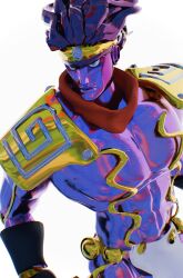 Rule 34 | 1other, 3d, black gloves, blue eyes, colored skin, gloves, headband, highres, jojo no kimyou na bouken, long hair, muscular other, no humans, other focus, pelvic curtain, purple skin, red scarf, scarf, shoulder pads, solo, stand (jojo), star platinum, stardust crusaders, uu0000322, yellow headband