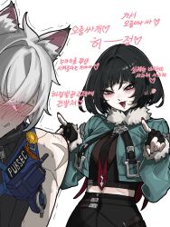 1boy 1girl animal_ears black_gloves black_hair blush cat_ears crop_top cropped_jacket earrings faceless faceless_male fingerless_gloves fingernails fur-trimmed_sleeves fur_collar fur_trim furrowed_brow gloves green_eyes green_jacket grey_hair gwongiyeon67479 hands_up heart heart-shaped_pupils hetero high-waist_shorts highres index_finger_raised jacket jane_doe_(zenless_zone_zero) jewelry long_sleeves mouse_ears nail_polish necktie nose_blush open_mouth pale_skin pointing pointing_at_another red_nails scar seth_lowell shorts simple_background smile stud_earrings sweat symbol-shaped_pupils teasing translation_request trembling upper_body zenless_zone_zero