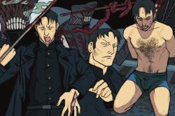 Rule 34 | 1boy, black coat, black eyes, blood, blood on face, bloody weapon, body hair, bound, brain, chainsaw man, coat, exposed brain, faceless, faceless male, facial hair, katana, katana man (chainsaw man), kneeling, looking at viewer, male focus, multiple views, nosebleed, school uniform, shirt, short hair, sword, teeth, tied up (nonsexual), tunneisnakes, underwear, weapon