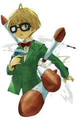 1boy ahoge black-framed_eyewear blonde_hair blue_eyes bow bowtie green_shirt jeff_andonuts long_sleeves looking_at_viewer male_focus misoshiru_utoma mother_(series) mother_2 nintendo open_mouth pocket red_bow rocket shirt simple_background solo upper_body