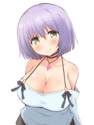Rule 34 | 1girl, bare shoulders, breasts, cleavage, elmina (iris mysteria!), green eyes, head tilt, highres, iris mysteria!, jewelry, large breasts, looking at viewer, necklace, purple hair, smile, upper body, yuu (yumezakura)