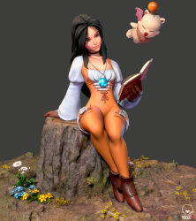 1girl 1other 3d artist_collaboration black_choker black_hair book boots breasts brown_eyes brown_footwear brown_gloves choker collarbone commentary dan_eder david_jiang english_commentary final_fantasy final_fantasy_ix flower flying garnet_til_alexandros_xvii gem gloves high_heel_boots high_heels highres jewelry juliet_sleeves jumpsuit lace-up_top lips long_sleeves moogle nature nose open_book orange_jumpsuit outdoors parted_bangs pendant puffy_sleeves sitting small_breasts thigh_strap tree_stump white_sleeves