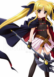1girl axe bardiche_(device_form)_(nanoha) bardiche_(nanoha) belt black_cape black_leotard black_ribbon black_thighhighs blonde_hair cape closed_mouth commentary covered_navel crossed_belts fate_testarossa fate_testarossa_(original_form) feet_out_of_frame gluteal_fold hair_ribbon higa_yukari highres holding holding_axe leotard long_hair looking_at_viewer lyrical_nanoha mahou_shoujo_lyrical_nanoha miniskirt pleated_skirt red_cape ribbon showgirl_skirt skirt solo standing symbol-only_commentary thighhighs twintails two-sided_cape two-sided_fabric very_long_hair watermark white_skirt