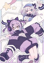 Rule 34 | 2girls, absurdres, animal ear headphones, animal ear hood, animal ears, blue eyes, blush, closed mouth, commentary request, fake animal ears, ghost hair ornament, glasses, grey hair, hair tie, headphones, headphones around neck, highres, hood, hood up, hoodie, jacket, kaga sumire, leg warmers, looking at viewer, multiple girls, one eye closed, open mouth, outline, purple hair, shimoyake (lethal penguin), shinomiya runa, shoes, star (symbol), v, virtual youtuber, vspo!, white hoodie, white outline, yellow eyes