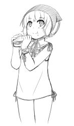 1girl :t burger dress eating female_focus food greyscale headscarf highres kekekeke monochrome nier nier_(series) ribbon short_dress short_hair smile solo yonah