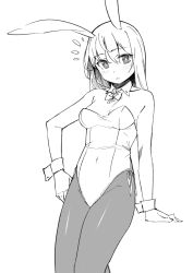 1girl animal_ears arm_support bare_shoulders blush bow breasts cleavage collarbone covered_navel detached_collar greyscale hair_between_eyes highres leotard looking_at_viewer monochrome notice_lines original pantyhose parted_lips playboy_bunny rabbit_ears saiste simple_background small_breasts solo strapless strapless_leotard white_background wing_collar wrist_cuffs