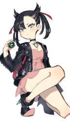 Rule 34 | 1girl, absurdres, aqua eyes, black choker, black hair, breasts, check commentary, choker, cleavage, commentary request, dress, dusk ball, earrings, full body, hair ribbon, half-closed eyes, high heels, highres, holding, holding poke ball, jacket, jewelry, looking at viewer, marnie (pokemon), medium hair, nest ball, nintendo, oimo (14sainobba), pink dress, poke ball, pokemon, pokemon swsh, ribbon, short twintails, small breasts, solo, spikes, twintails