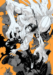 1girl 2others 3boys black_hair black_nails cigarette colored_sclera dhruv_lakdawalla forehead greyscale_with_colored_background highres holding holding_cigarette ishigori_ryu jujutsu_kaisen kurourushi_(jujutsu_kaisen) mahito_(tranjistor) multiple_boys multiple_others nail_polish okkotsu_yuuta orange_background orimoto_rika shirt simple_background uro_takako white_footwear white_shirt