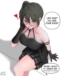 1girl absurdres arm_strap bare_shoulders black_choker black_gloves black_skirt breasts choker commentary dress elbow_gloves english_commentary flirting glass gloves green_hair hair_between_eyes hand_on_own_face hand_up heart highres large_breasts long_hair looking_at_viewer miaw907 pleated_skirt purple_eyes round_eyewear side_ponytail sidelocks signature sitting skirt solo sousou_no_frieren speech_bubble strapless strapless_dress sweat tongue tongue_out twitter_username ubel_(sousou_no_frieren) white_background