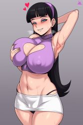 1girl absurdres arm_behind_head arm_up armpits artist_name bare_shoulders black_hair black_panties blue_eyes blunt_bangs blush breasts cleavage cleavage_cutout clothing_cutout covered_erect_nipples crop_top crossed_legs eyeliner feet_out_of_frame grabbing_own_breast grey_background heart heart_cutout highres huge_breasts jmg large_breasts long_hair looking_at_viewer makeup midriff miniskirt navel panties purple_eyeliner purple_shirt shirt simple_background skirt sleeveless smile solo standing steaming_body sweat teeth the_fairly_oddparents thick_thighs thighs thong trixie_tang turtleneck underwear very_long_hair white_skirt