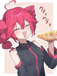 1girl ahoge black_shirt black_sleeves commentary detached_sleeves drill_hair eating food highres holding holding_food holding_pizza kasane_teto kasane_teto_(utau) open_mouth pineapple_on_pizza pizza pizza_slice red_hair shirt smile solo sound_effects thinker25075754 twintails upper_body utau