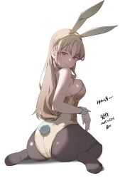 1girl absurdres alternate_costume animal_ear_hairband animal_ears black_pantyhose blonde_hair breasts dated fake_animal_ears hairband highleg highleg_leotard highres inuinuo_gataken large_breasts leotard long_hair nijisanji pantyhose parted_bangs playboy_bunny rabbit_ear_hairband rabbit_ears rabbit_tail sidelocks signature simple_background sister_claire sitting smile solo strapless strapless_leotard tail virtual_youtuber wariza white_background wrist_cuffs yellow_eyes yellow_leotard