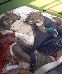 3boys absurdres bara bare_pectorals blue_kimono blush bulge closed_eyes commentary dog_boy fang furry furry_male futon highres hug japanese_clothes kimono moritaka_(housamo) multiple_boys pectorals red_eyes scar scar_across_eyebrow scar_on_face scar_on_nose shino_(housamo) signature sleeping tadatomo_(housamo) tatami tokyo_houkago_summoners whiteniar wolf_boy