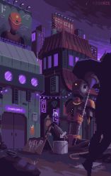 animated artist_name ball billboard bucket building cane city dark_sky door kirokaze original panhandling pixel_art rain robot sign silhouette sitting skyscraper splashing string_lights tossing walking