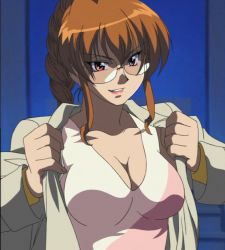 1girl anime_screenshot braid breasts cleavage female_focus glasses large_breasts long_hair looking_at_viewer mahoromatic orange_hair red_eyes shikijou_saori smile solo stitched third-party_edit undressing