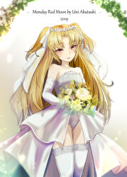 1girl akatsuki_uni arch bare_shoulders blonde_hair bouquet breasts commentary_request dress elbow_gloves english_text feet_out_of_frame floral_arch flower flower_wreath gloves hair_ribbon highres holding holding_bouquet lace lace-trimmed_dress lace-trimmed_ribbon lace-trimmed_thighhighs lace_trim layered_dress leotard long_hair looking_at_viewer matoba_ryou open_mouth parted_bangs red_eyes ribbon showgirl_skirt small_breasts smile solo straight-on thighhighs two_side_up uni_create very_long_hair virtual_youtuber wedding_dress white_dress white_gloves white_leotard white_ribbon white_thighhighs yellow_flower