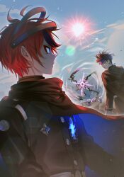 Rule 34 | 2boys, absurdres, addamaque, ahoge, black cape, black hair, black streaks, blue eyes, blue hair, cape, earrings, eye print, eyeliner, eyepatch, gakuran, headgear, highres, jewelry, last defense academy school uniform, looking at another, makeup, male focus, mihen, multicolored hair, multiple boys, omokage yugamu, print eyepatch, red eyeliner, red hair, school invader (hundred line), school uniform, short hair, streaked hair, sumino takumi, sun, the hundred line -last defense academy-