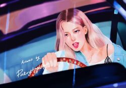 Rule 34 | 1girl, artist name, blackpink, blonde hair, blue jacket, commentary, driving, dutch angle, highres, jacket, jewelry, k-pop, long hair, looking ahead, necklace, open mouth, paerytopiaa, pink lips, real life, realistic, rose (blackpink), solo, steering wheel, teeth, upper body, upper teeth only, wheel
