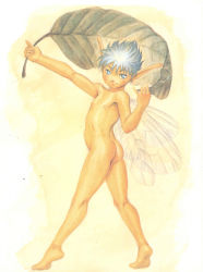 1990s_(style) 1boy ass berserk blue_eyes blue_hair blush elf fairy_wings feet full_body highres leave looking_at_viewer male_focus matching_hair/eyes mini_person miniboy miura_kentarou nipples nude official_art pointy_ears puck_(berserk) retro_artstyle shota simple_background smile solo spiked_hair tan thighs wings
