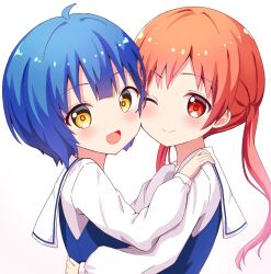 2girls :d ;) ahoge blue_hair blue_vest blunt_bangs closed_mouth commentary_request friends from_side gochuumon_wa_usagi_desu_ka? hair_between_eyes happy highres hug jouga_maya long_hair long_sleeves looking_at_viewer low_twintails multiple_girls natsu_megumi one_eye_closed open_mouth orange_hair poteto_furai puffy_long_sleeves puffy_sleeves red_eyes red_pupils sailor_collar school_uniform serafuku shirt short_hair smile split_mouth twintails upper_body vest white_sailor_collar white_shirt yellow_eyes yellow_pupils