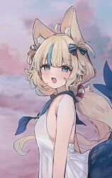 Rule 34 | 1girl, :d, ahoge, animal ear fluff, animal ears, appleseed (appleseed art), blue eyes, blue hair, blue ribbon, blue sailor collar, blurry, blurry background, blush, cloud, commentary, english commentary, fangs, fins, fish tail, hair ribbon, highres, indie virtual youtuber, lifebuoy hair ornament, long hair, multicolored hair, open mouth, ribbon, sailor collar, sameko saba, shirt, smile, solo, streaked hair, striped ribbon, tail, tongue, virtual youtuber, white shirt