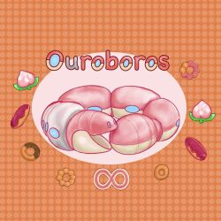 absurdres animal_focus berry_(pokemon) blue_eyes commentary_request donut food full_body highres infinity_symbol jelly_donut_(food) nintendo no_humans open_mouth orthworm ouroboros pecha_berry pokemon pokemon_(creature) solo worm_pink