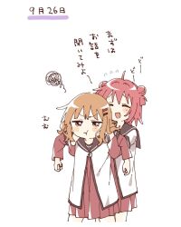 2girls :d ahoge akaza_akari blush_stickers brown_eyes brown_hair brown_sailor_collar closed_eyes closed_mouth commentary_request cropped_legs double_bun dress hair_bun hair_ornament hairclip highres layered_sleeves long_sleeves multiple_girls namori nanamori_school_uniform oomuro_sakurako open_mouth red_dress red_hair sailor_collar school_uniform shirt short_hair short_over_long_sleeves short_sleeves simple_background smile squiggle translation_request v-shaped_eyebrows white_background white_shirt yuruyuri