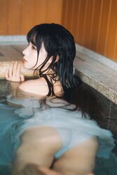 Rule 34 | 1girl, asian, ass, bathing, black hair, chinese (nationality), chunmomo0127, feet out of frame, from behind, highres, in water, jewelry, long hair, looking back, necklace, panties, photo (medium), real life, shirt, underwear, water, white panties, white shirt