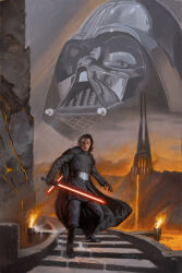 1boy black_boots black_cape black_gloves black_hair black_helmet black_pants black_tunic boots cape crossguard_lightsaber darth_vader energy_sword erik_gist gloves helmet highres holding holding_sword holding_weapon kylo_ren lava lightsaber mustafar pants red_lightsaber stairs star_wars sword tunic weapon