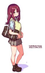 1girl bag black_shoes black_socks blue_shirt blush closed_mouth full_body grey_skirt highres jagi_(jagi_souken) loafers long_hair looking_at_viewer miniskirt plaid_clothes plaid_skirt pleated_skirt red_hair school_bag school_uniform shirt shoes short_sleeves simple_background skirt socks solo standing straight_hair sweater_vest toki_ayano white_background yellow_eyes yellow_sweater_vest yurucamp