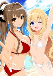 2girls absurdres amagi_brilliant_park beach bikini blonde_hair blue_eyes blue_sky breasts brown_eyes brown_hair cellphone cloud commentary_request day drill_hair flat_chest foreshortening hair_intakes hair_ribbon highres horizon kijitorab large_breasts latifa_fleuranza multiple_girls ocean one_eye_closed outdoors phone red_bikini ribbon sento_isuzu side-tie_bikini_bottom sky smile swimsuit white_bikini