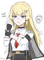 Rule 34 | 1girl, armband, artist logo, artist name, bags under eyes, black armband, black gloves, black jacket, black pants, blonde hair, blue eyes, breasts, chest harness, collared shirt, commentary, cosplay, english commentary, english text, gloves, hair ornament, hand up, harness, highres, jacket, jacket on shoulders, logo, long hair, necktie, out of character, pants, parted lips, personality switch, phoebe (wuthering waves), red necktie, shirt, shirt tucked in, small breasts, solo, sparkle, sparkling aura, tenrino, white shirt, wuthering waves, x hair ornament, zani (wuthering waves), zani (wuthering waves) (cosplay)