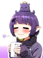 1girl :3 =_= blunt_bangs blush closed_eyes closed_mouth commentary cup ddolbang drawstring english_commentary flower gradient_background grey_jacket halo hands_up highres holding holding_cup hololive hololive_english jacket long_sleeves mole mole_under_eye mug ninomae_ina&#039;nis ninomae_ina&#039;nis_(loungewear) official_alternate_costume official_alternate_hair_length official_alternate_hairstyle on_head pointy_ears purple_background purple_flower purple_hair short_hair sidelocks simple_background sleeves_past_wrists smile solo steam takodachi_(ninomae_ina&#039;nis) upper_body virtual_youtuber white_background